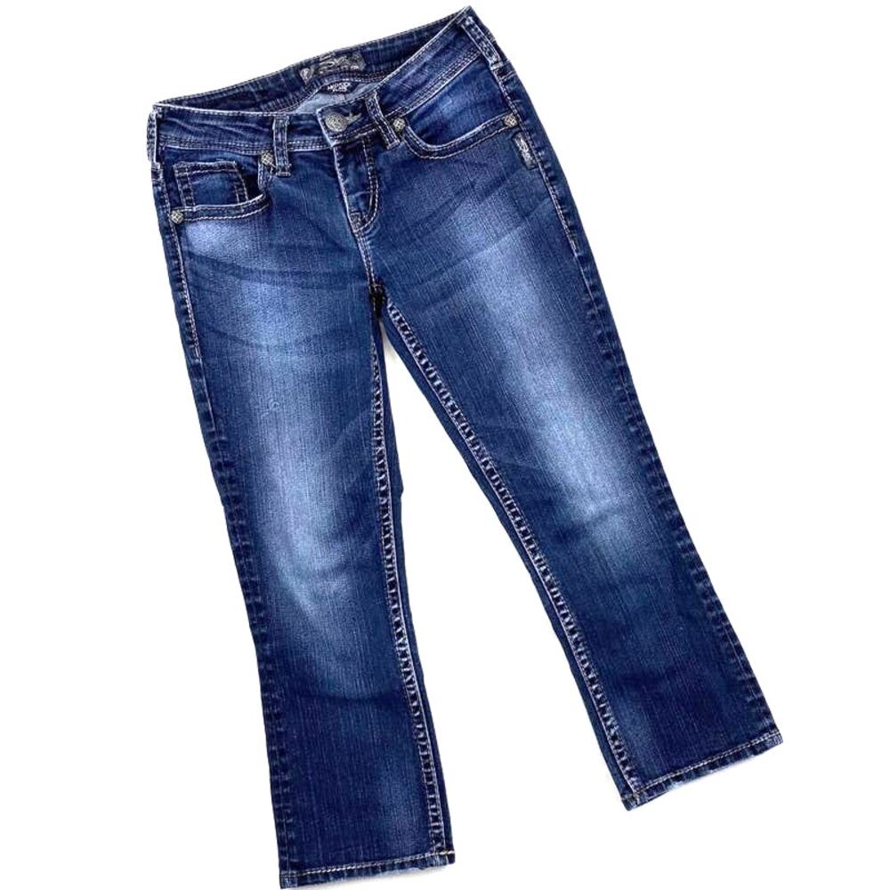 Silver Aiko Capri Jeans Kick Flare Denim Crop Dark Blue 5 Pocket Womens Sz 25